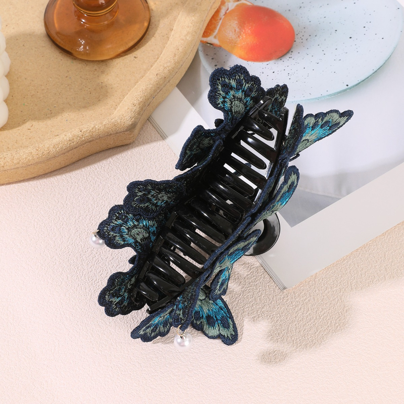 Vintage Teal Butterfly Embroidered Hair Claw Clip, Elegant Accessory